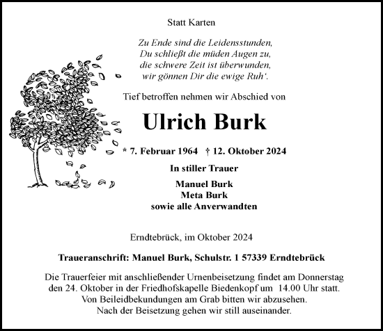 Traueranzeige von Ulrich Burk von Hinterländer Anzeiger