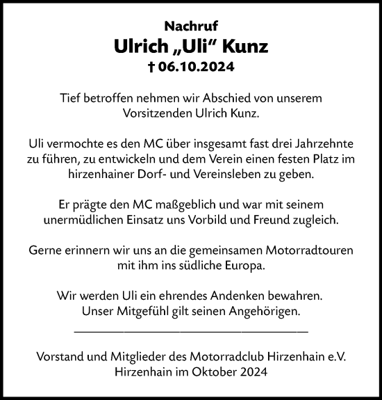 Traueranzeige von Ulrich Kunz von Dill Block