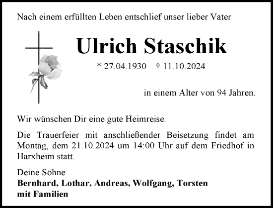 Traueranzeige von Ulrich Staschick von Allgemeine Zeitung Mainz