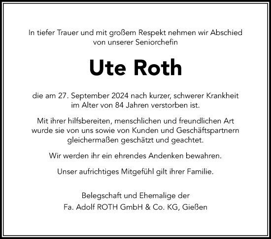 Traueranzeige von Ute Roth von Wetzlarer Neue Zeitung