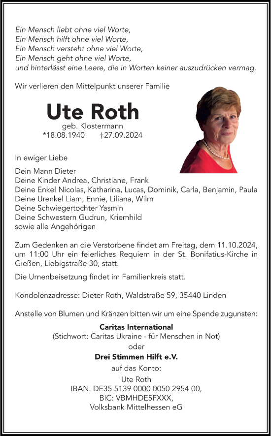 Traueranzeige von Ute Roth von Wetzlarer Neue Zeitung