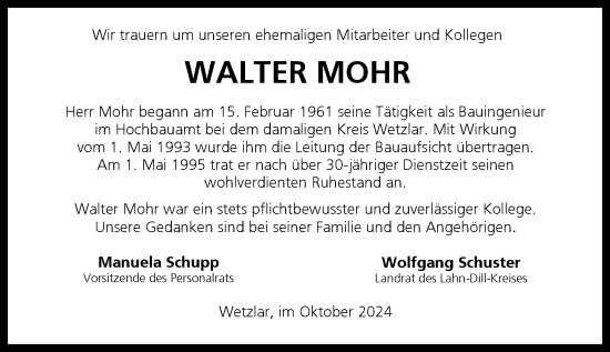 Traueranzeige von Walter Mohr von Wetzlarer Neue Zeitung