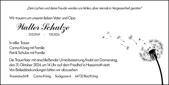 Traueranzeige von Walter Schulze von Odenwälder Echo