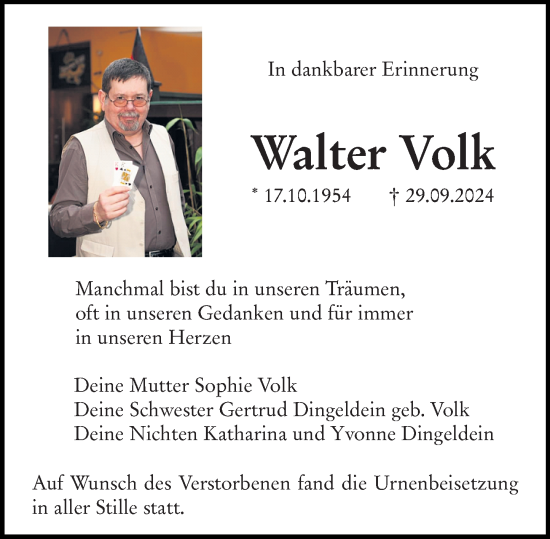 Traueranzeige von Walter Volk von Odenwälder Echo