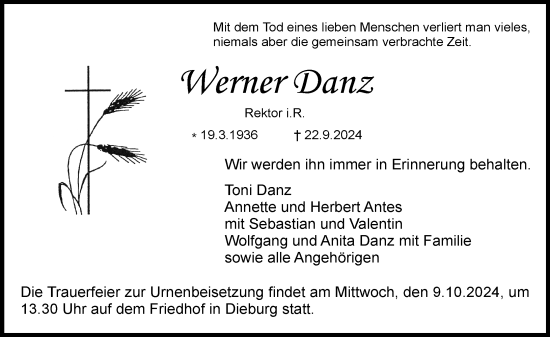 Traueranzeige von Werner Danz von Dieburger Anzeiger/Groß-Zimmerner Lokal-Anzeiger