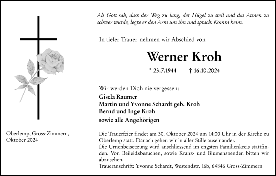 Traueranzeige von Werner Kroh von Wetzlarer Neue Zeitung