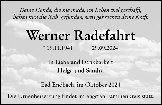 Traueranzeige von Werner Radefahrt von Hinterländer Anzeiger