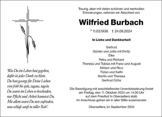 Traueranzeige von Wilfried Burbach von Camberger Anzeiger