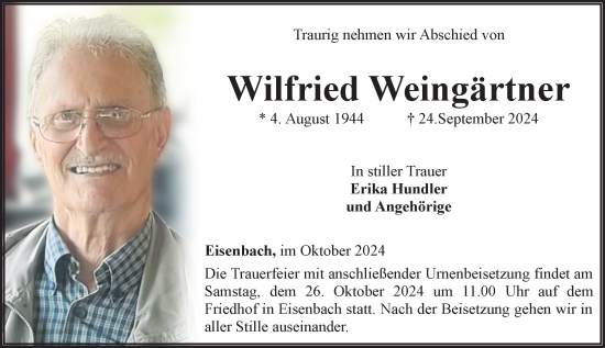 Traueranzeige von Wilfried Weingärtner von Camberger Anzeiger