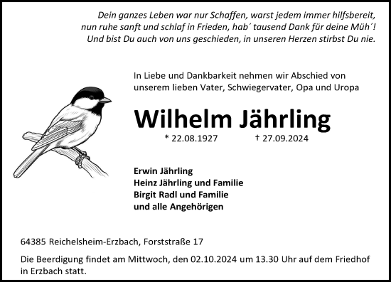 Traueranzeige von Wilhelm Jährling von Odenwälder Echo