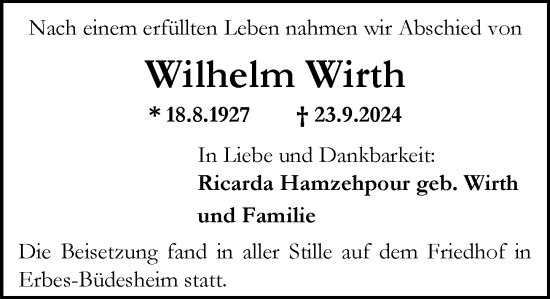 Traueranzeige von Wilhelm Wirth von Allgemeine Zeitung Alzey
