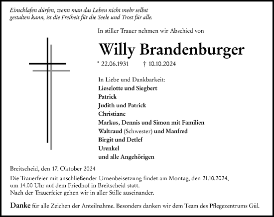Traueranzeige von Willy Brandenburger von Dill Block