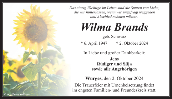 Traueranzeige von Wilma Brands von Camberger Anzeiger