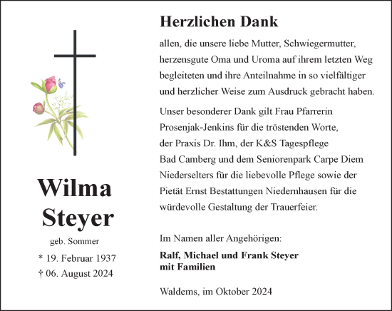 Traueranzeige von Wilma Steyer von Camberger Anzeiger