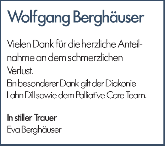 Traueranzeige von Wolfgang Berghäuser von Wetzlarer Neue Zeitung