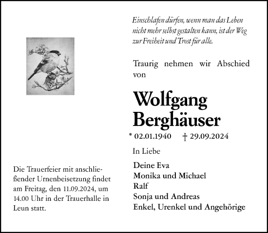 Traueranzeige von Wolfgang Berghäuser von Wetzlarer Neue Zeitung