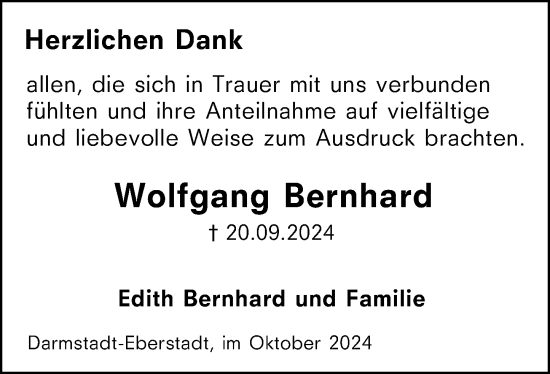 Traueranzeige von Wolfgang Bernhard von Darmstädter Echo