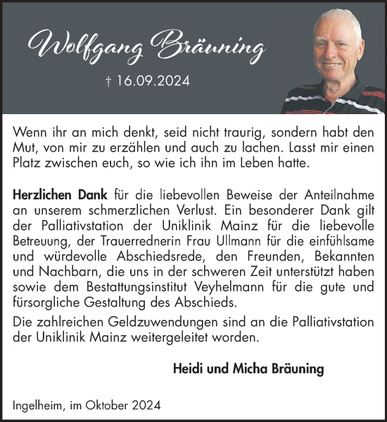 Traueranzeige von Wolfgang Bräuning von Allgemeine Zeitung Rheinhessen-Nahe