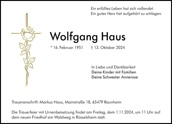 Traueranzeige von Wolfgang Haus von Rüsselsheimer Echo