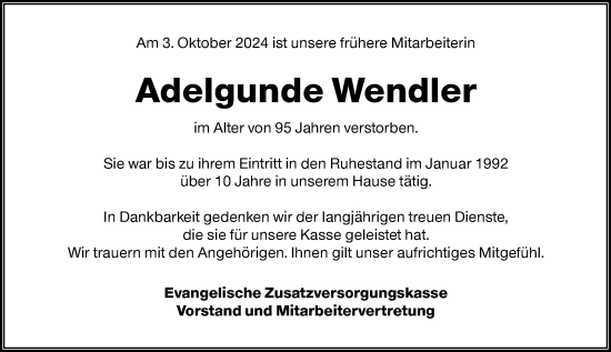 Traueranzeige von Adelgunde Wendler von Darmstädter Echo
