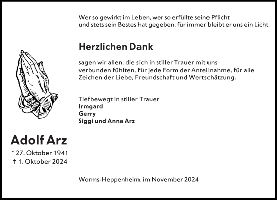 Traueranzeige von Adolf Arz von Wormser Zeitung
