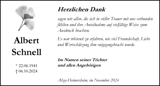 Traueranzeige von Albert Schnell von Allgemeine Zeitung Alzey