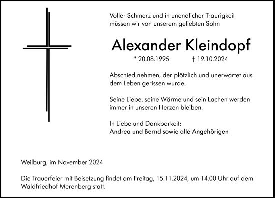 Traueranzeige von Alexander Kleindopf von Weilburger Tageblatt