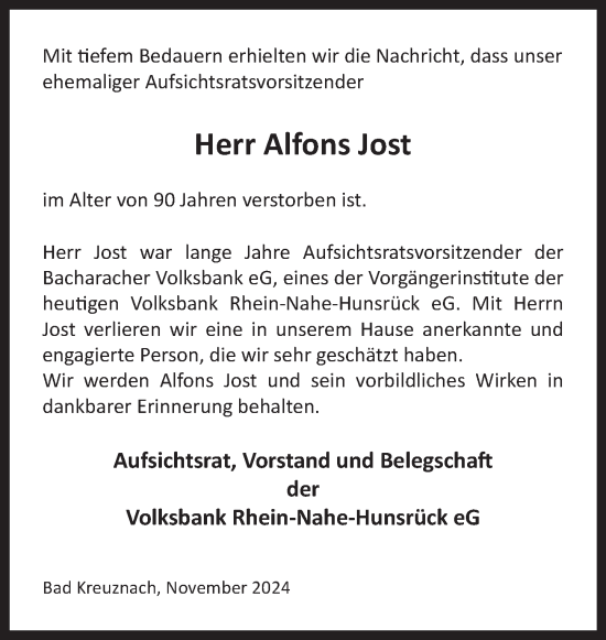Traueranzeige von Alfons Jost von Allgemeine Zeitung Rheinhessen-Nahe