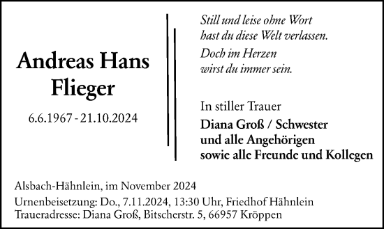 Traueranzeige von Andreas Hans Flieger von Darmstädter Echo