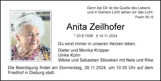 Traueranzeige von Anita Zeilhofer von Dieburger Anzeiger/Groß-Zimmerner Lokal-Anzeiger