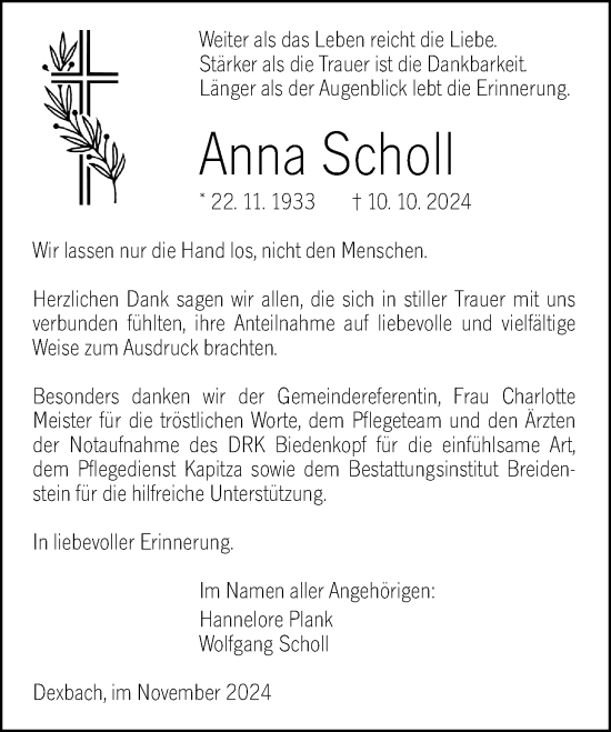 Traueranzeige von Anna Scholl von Hinterländer Anzeiger