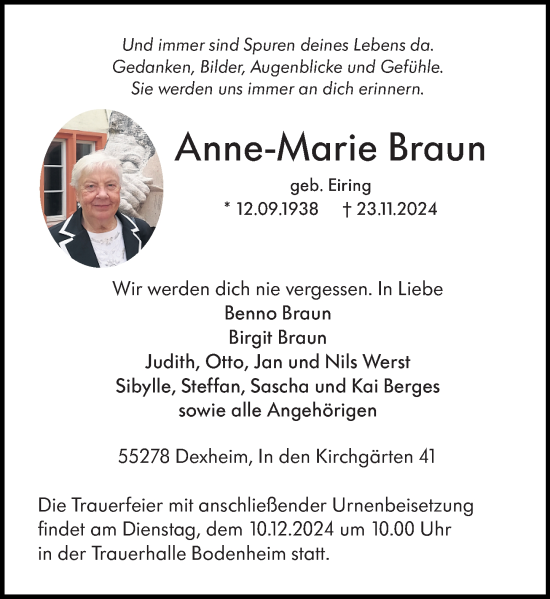 Traueranzeige von Anne-Marie Braun von Allgemeine Zeitung Mainz