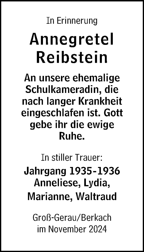 Traueranzeige von Annegretel Reibstein von Groß-Gerauer Echo