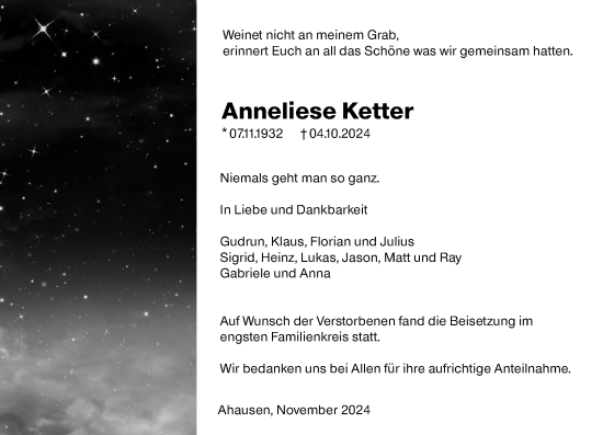 Traueranzeige von Anneliese Ketter von Weilburger Tageblatt