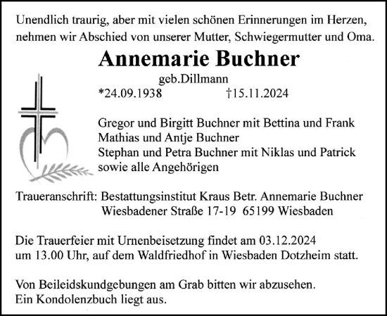 Traueranzeige von Annemarie Buchner von Wiesbadener Kurier