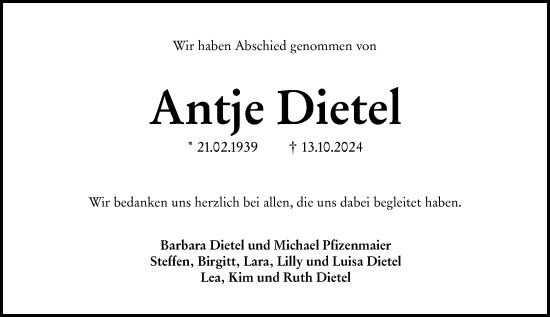 Traueranzeige von Antje Dietel von Wiesbadener Kurier