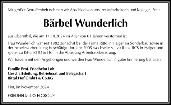 Traueranzeige von Bärbel Wunderlich von Dill Block