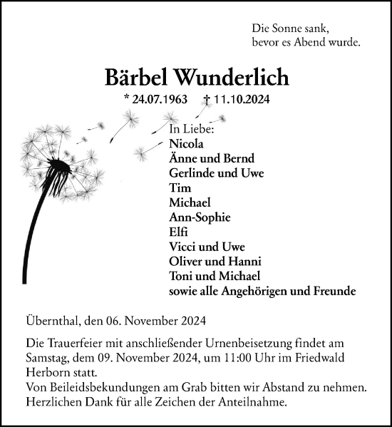 Traueranzeige von Bärbel Wunderlich von Dill Block