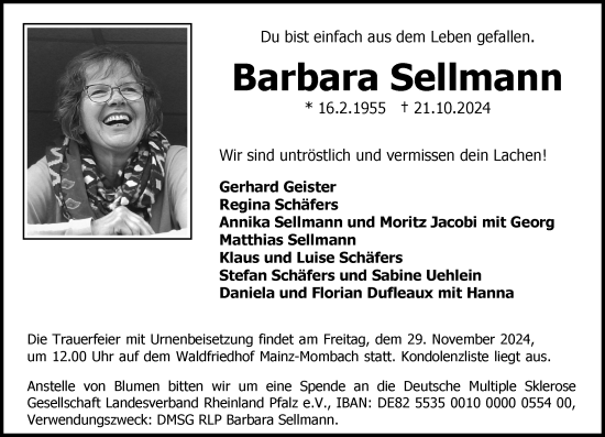 Traueranzeige von Barbara Sellmann von Wiesbadener Kurier