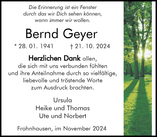 Traueranzeige von Bernd Geyer von Dill Block
