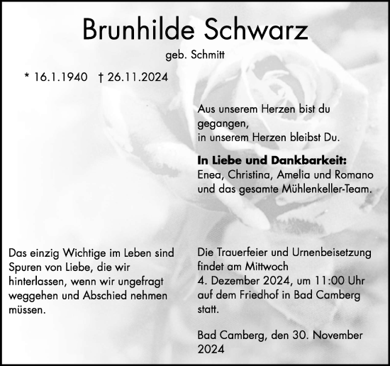 Traueranzeige von Brunhilde Schwarz von Nassauische Neue Presse