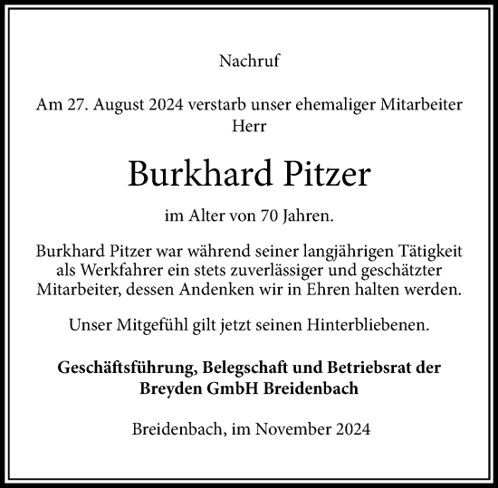Traueranzeige von Burkhard Pitzer von Hinterländer Anzeiger