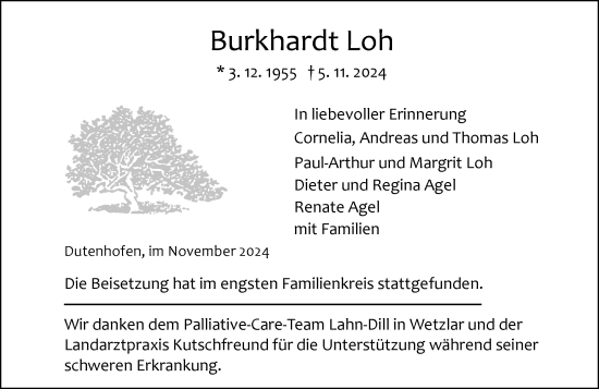 Traueranzeige von Burkhardt Loh von Wetzlarer Neue Zeitung
