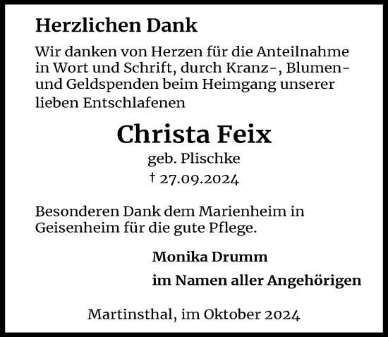 Traueranzeige von Christa Feix von Rheingau Kurier