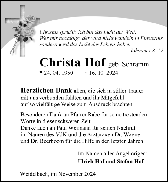 Traueranzeige von Christa Hof von Dill Block