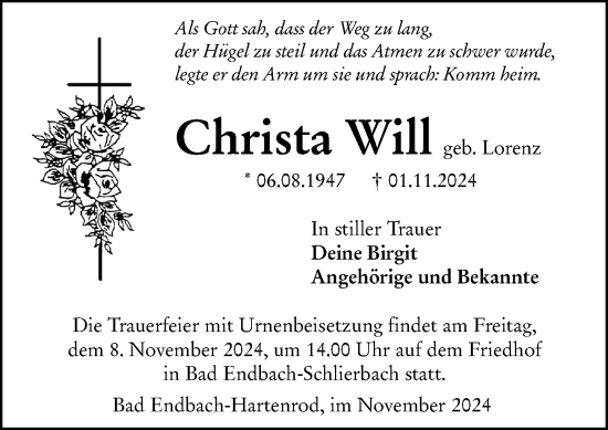 Traueranzeige von Christa Will von Hinterländer Anzeiger