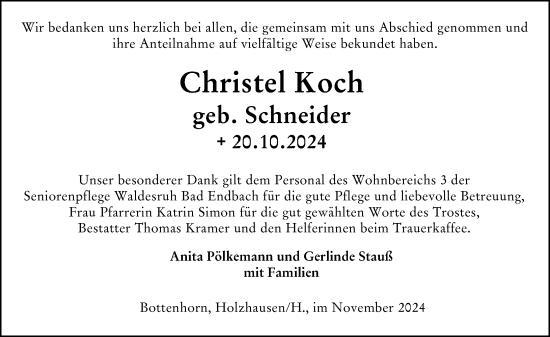 Traueranzeige von Christel Koch von Hinterländer Anzeiger