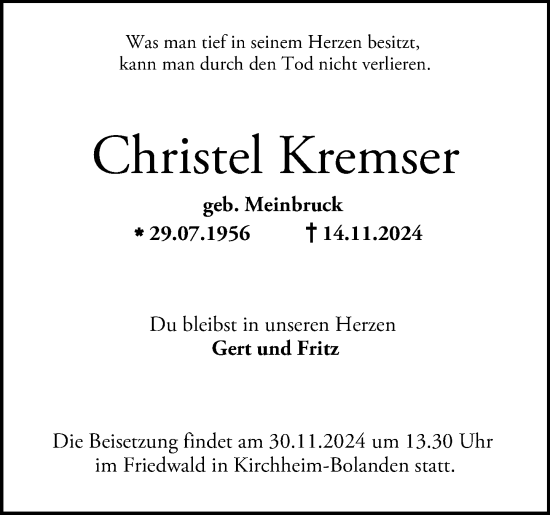 Traueranzeige von Christel Kremser von Wormser Zeitung