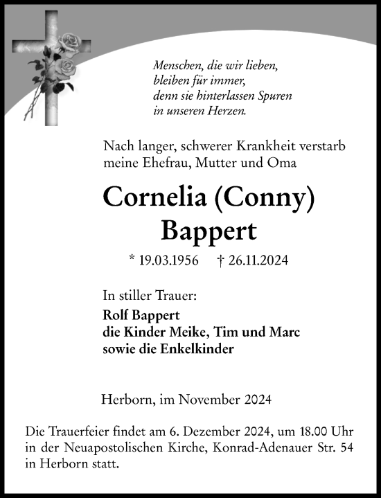 Traueranzeige von Cornelia Bappert von Dill Block