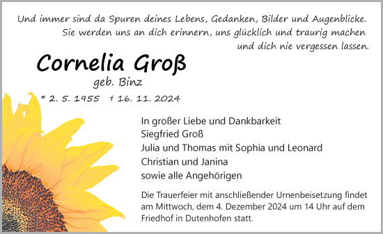 Traueranzeige von Cornelia Groß von Wetzlarer Neue Zeitung